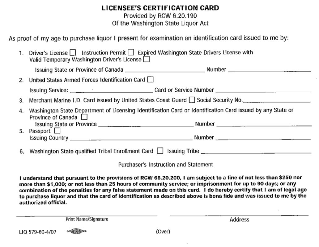 Washington licensees certification card